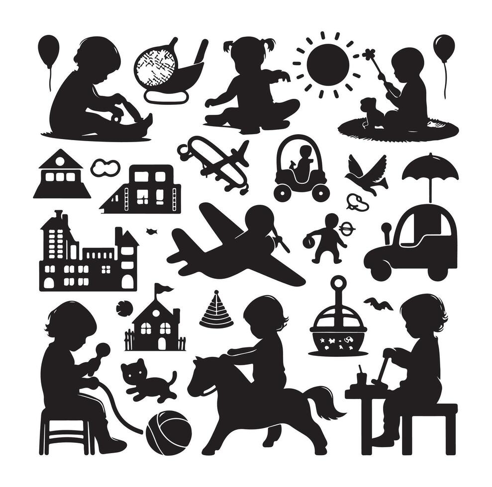 Toddler child activity silhouettes illustration, set of children playing with toys vector