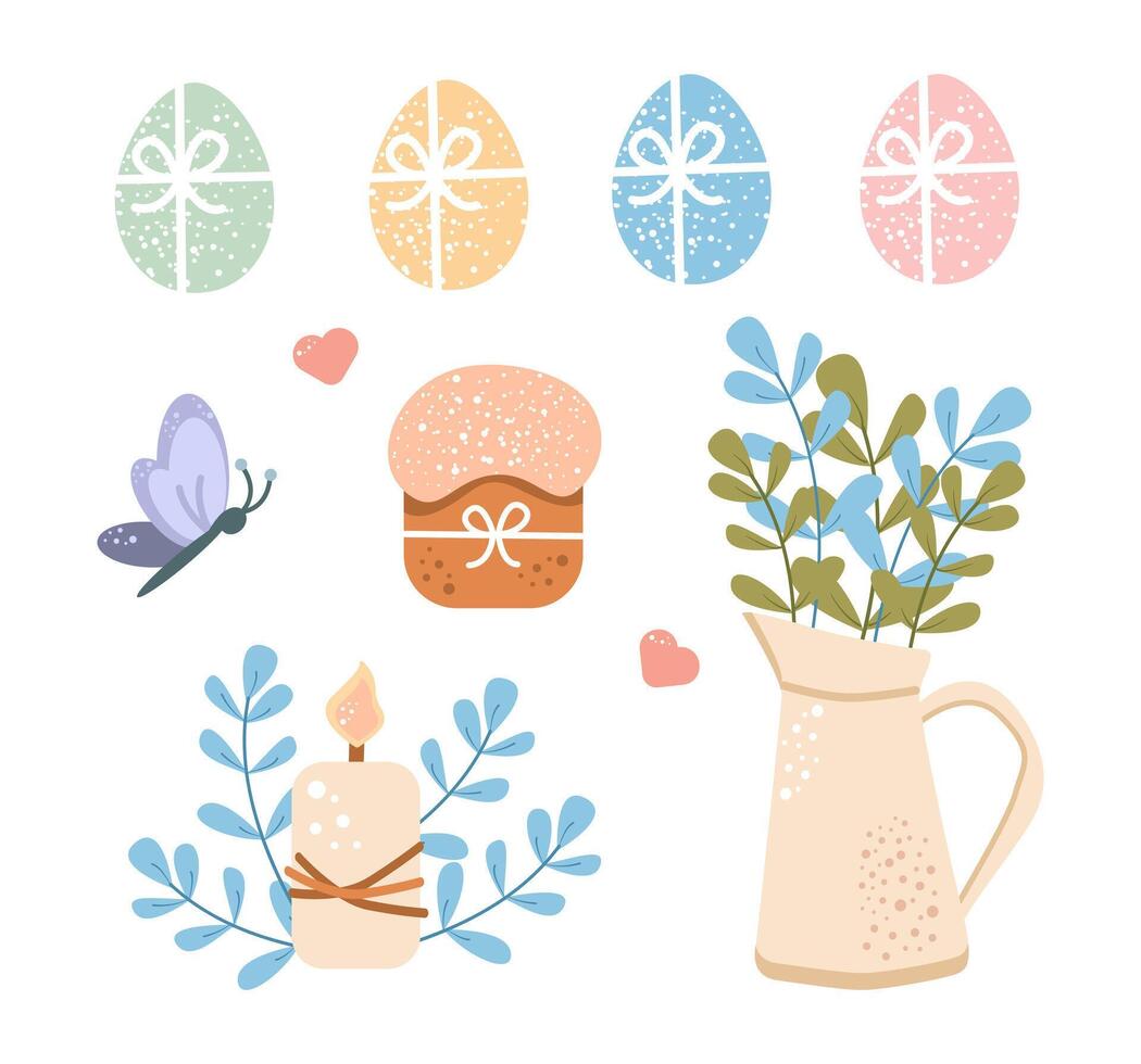 Cute set happy Easter design elements in pastel colors.  Eggs, flowers, butterfly, easter cake other spring elements. For poster, covers, label, template, pattern, holiday decoration. vector