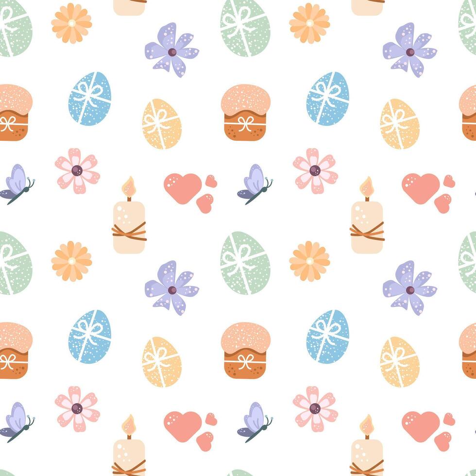 Seamless pattern childish happy Easter elements pastel colors. Candle, ladybug, lilac, flowes, eggs, butterfly easter cake other spring elements. Poster, template,  newborn, decoration, scrapbooking vector