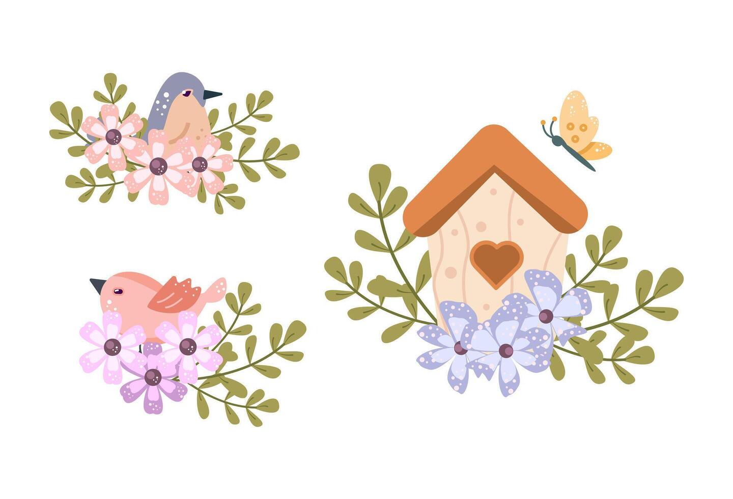 Spring birds and birdhouses design set with floral elements. Vector illustration in flat style. Branches, birdhouses for posters, templates, cards, banners, stickers, flyer, invitation.