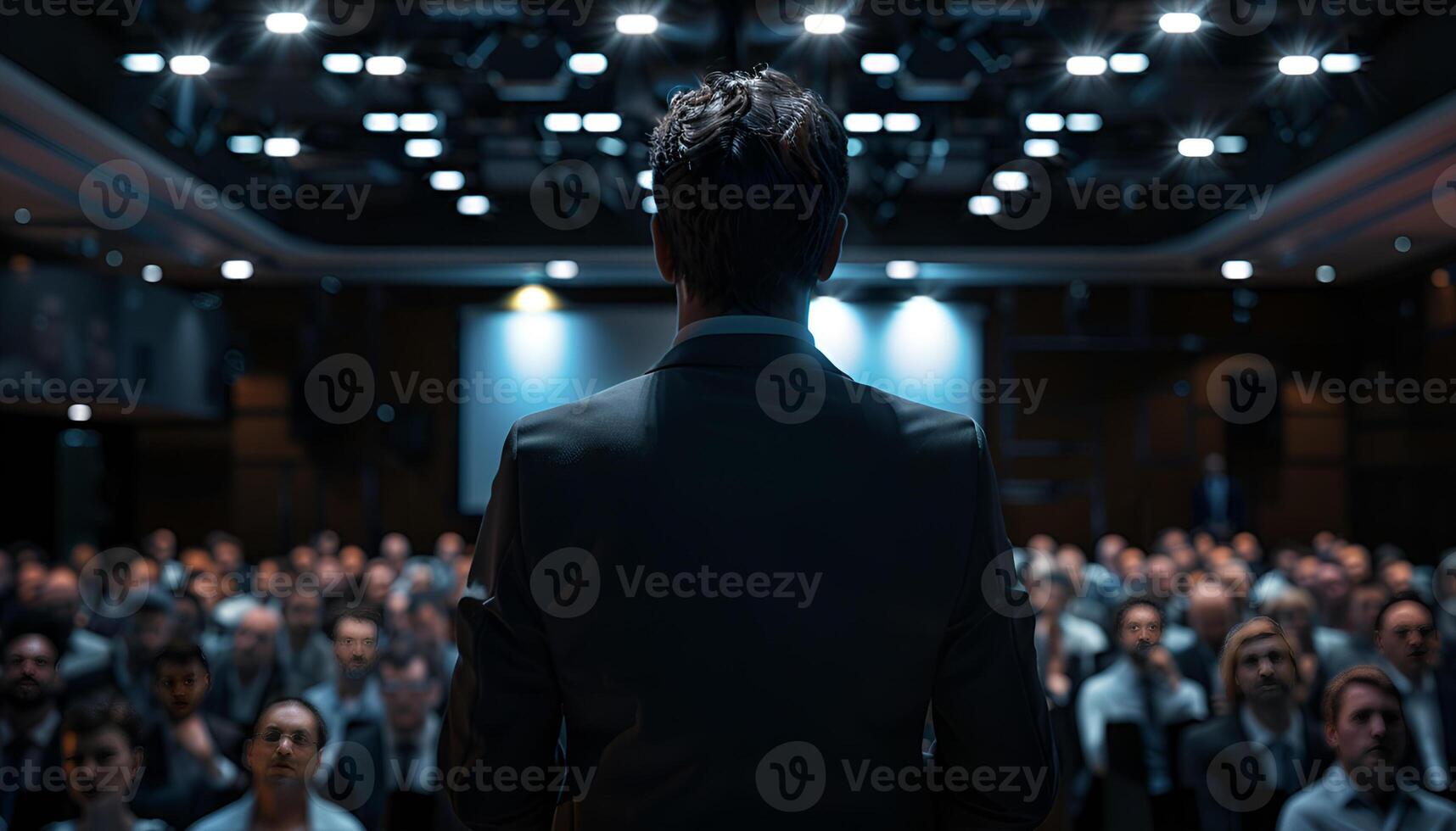 AI generated Speaker at business conference hall photo