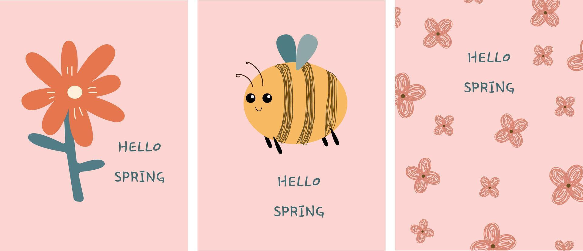 Set of spring postcard. Kawaii insects and flowers. Vector illustration