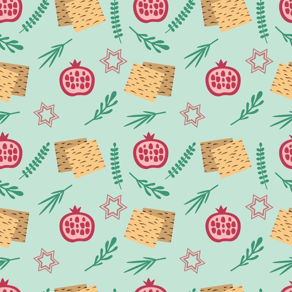 Passover seamless pattern with matzo, pomegranate, plants. Vector illustration. For packaging, wrapping paper, textiles, cards, background.