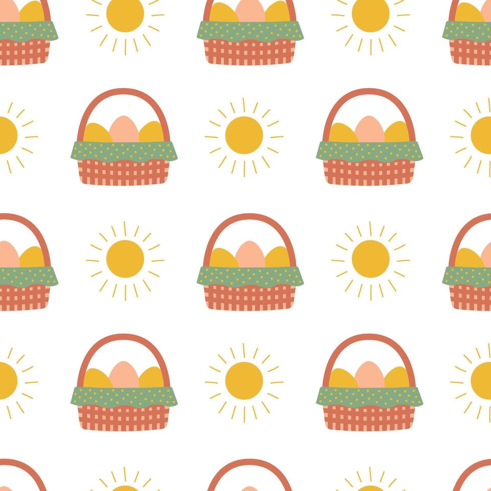 Easter seamless pattern with eggs in a basket and sun. Isolated vector pattern for packaging, cards, background, textile