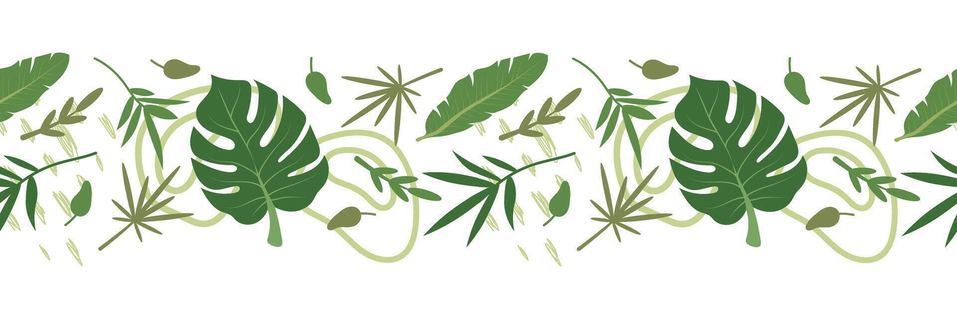 Tropical leaves seamless border with abstract elements. Vector illustration, isolated.