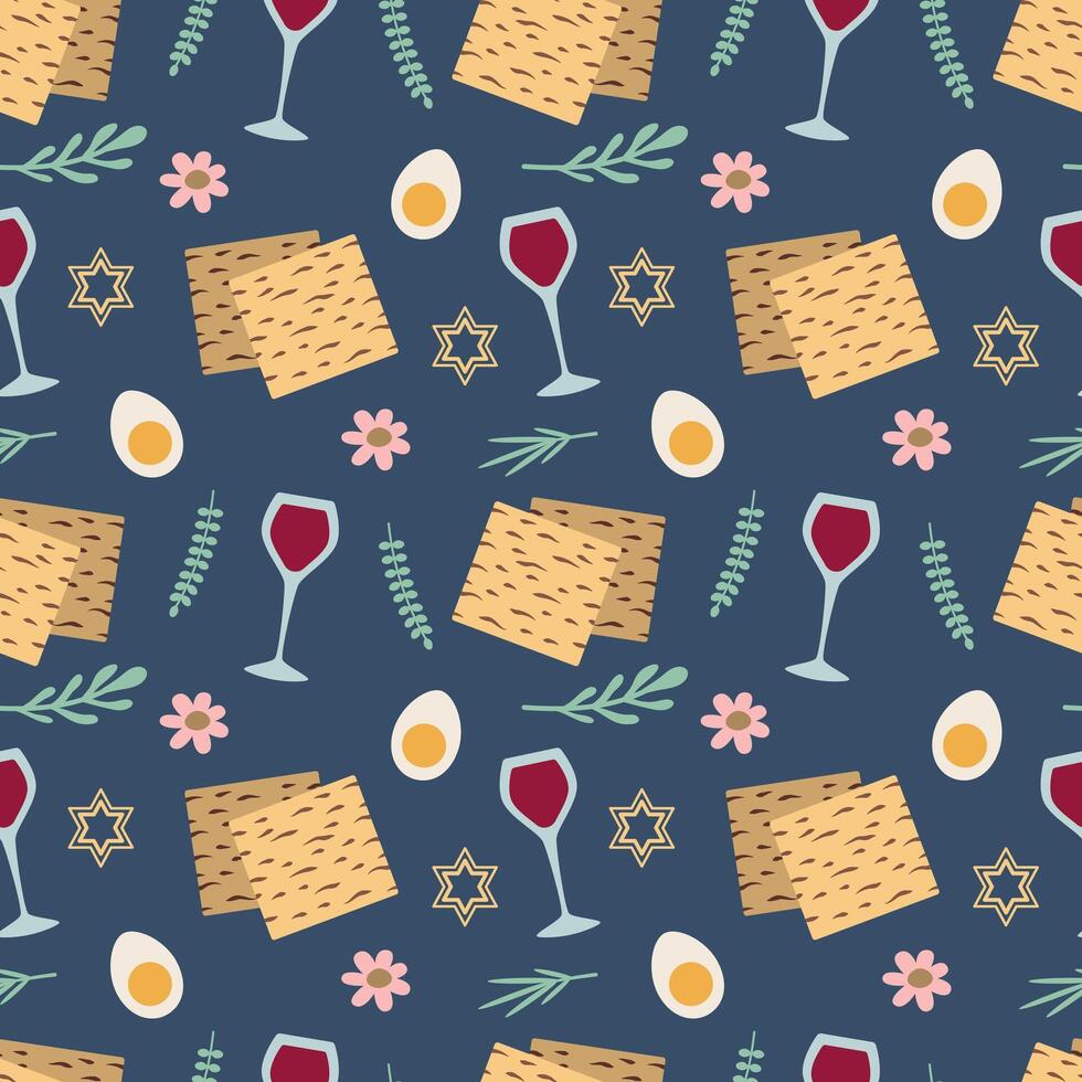 Pascua sin costura modelo con matzá, huevo, vaso, vino. vector. para embalaje, envase papel, fondo, tarjetas, textiles. vector