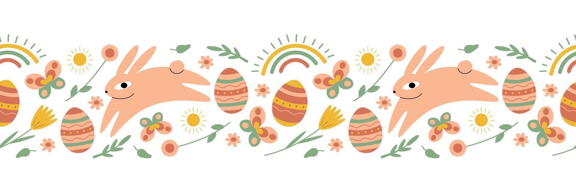 Easter seamless border. Easter bunny, Easter eggs and plants. Isolated vector illustration for your design.