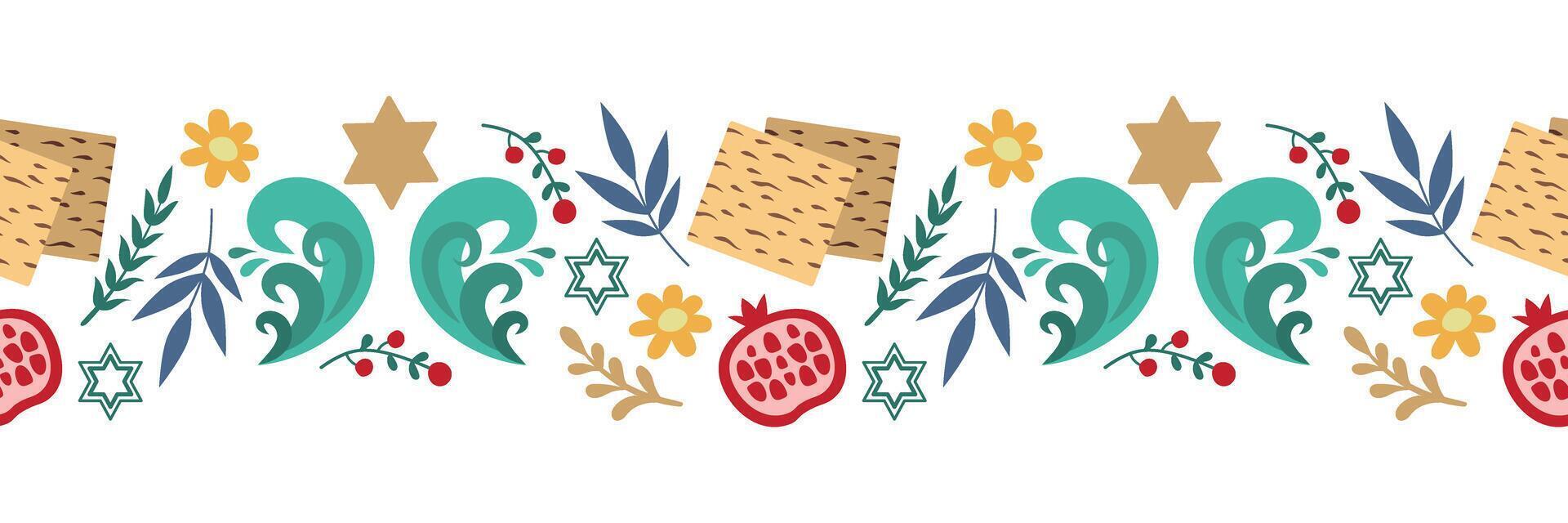 Pascua sin costura frontera con matzá, estrella de David, frutas y flores para antecedentes, tarjetas, sitios web vector, aislado. vector