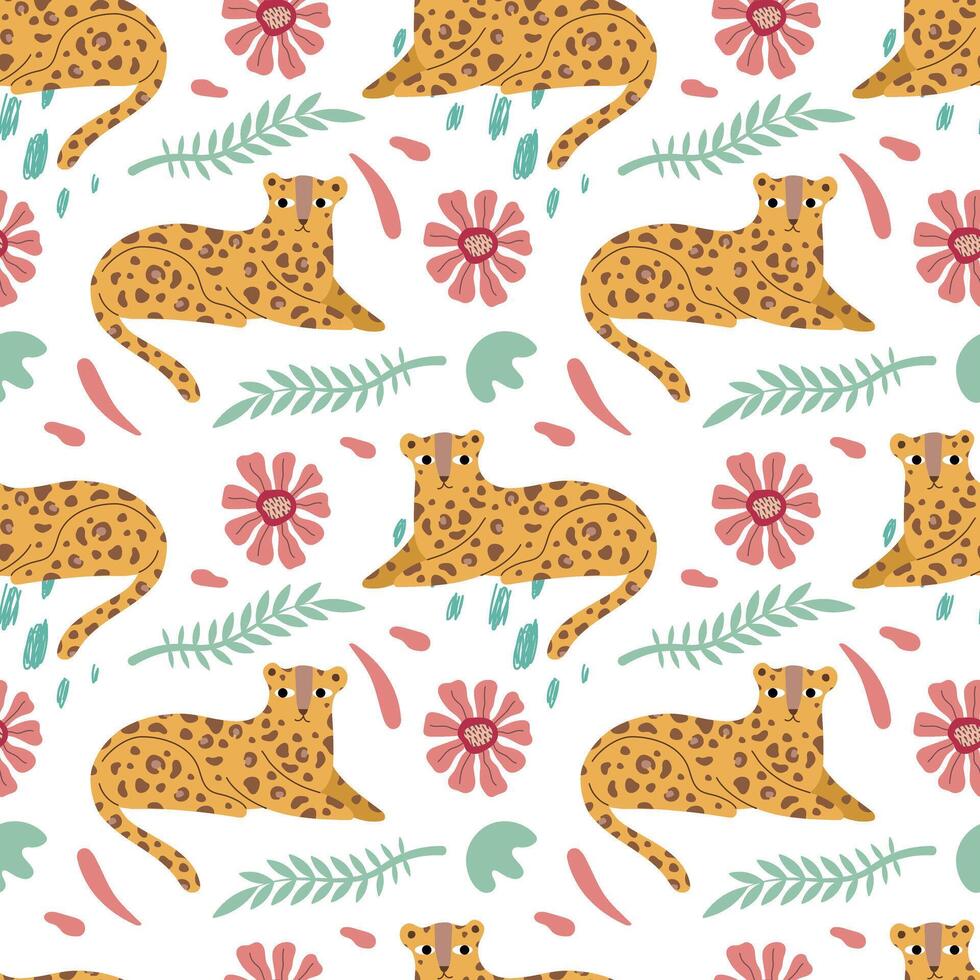 Cute leopard seamless pattern. Tropical flowers and plants, abstract elements. For packaging, background, wallpaper, covers vector