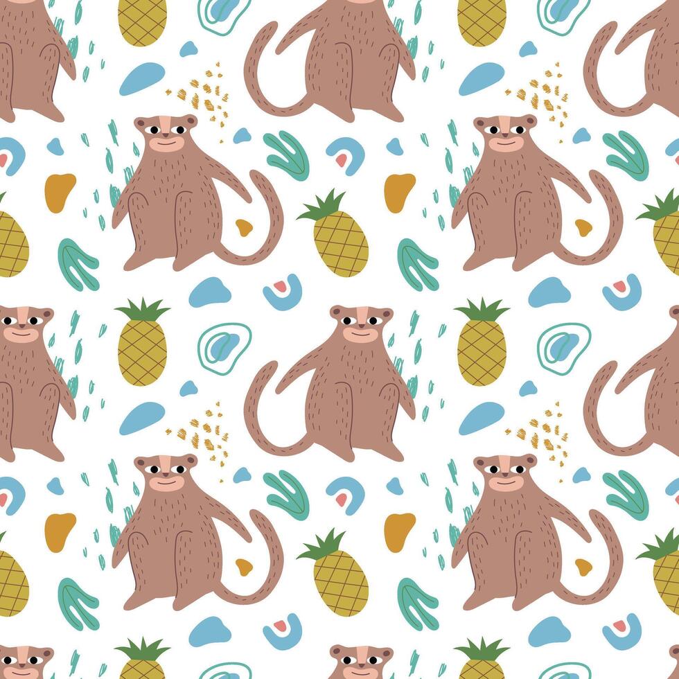 Cute monkey seamless pattern. Tropical fruits, plants, abstract elements. For background, clothing, wallpaper, packaging, wrapping paper, cover vector