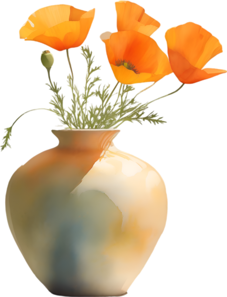 AI generated A vase of California Poppy, a watercolor painting of a vase of California Poppy. png