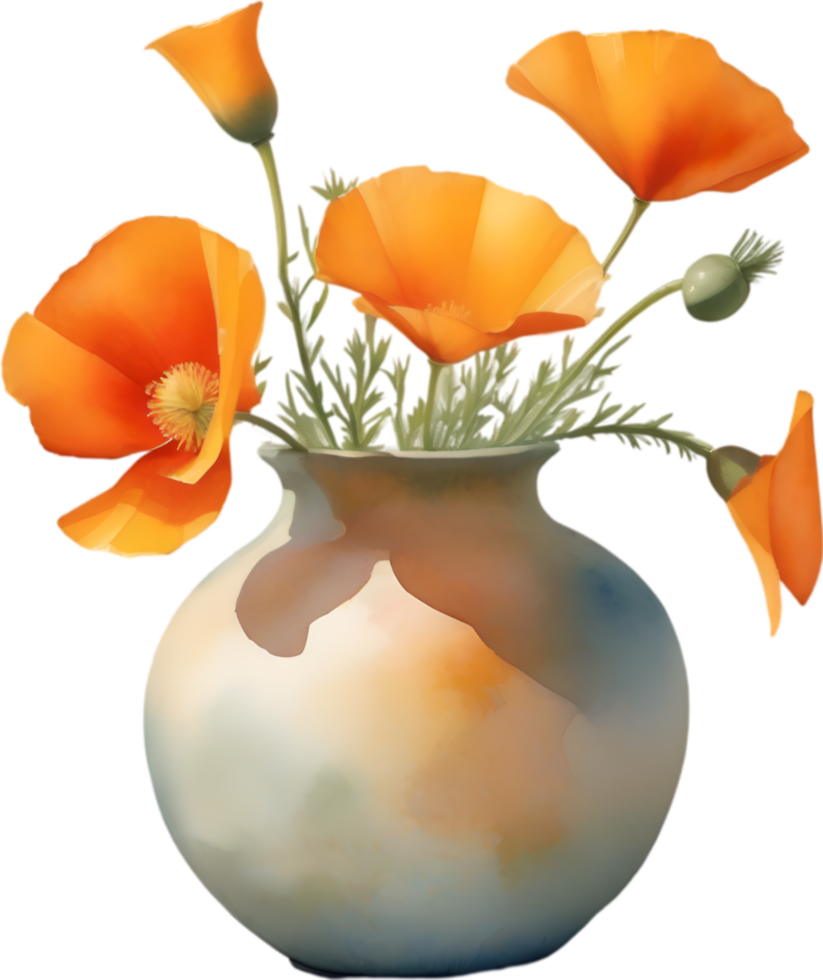 AI generated A vase of California Poppy, a watercolor painting of a vase of California Poppy. png