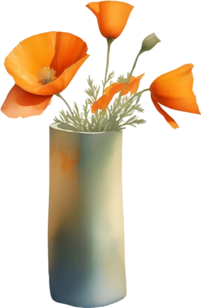 AI generated A vase of California Poppy, a watercolor painting of a vase of California Poppy. png