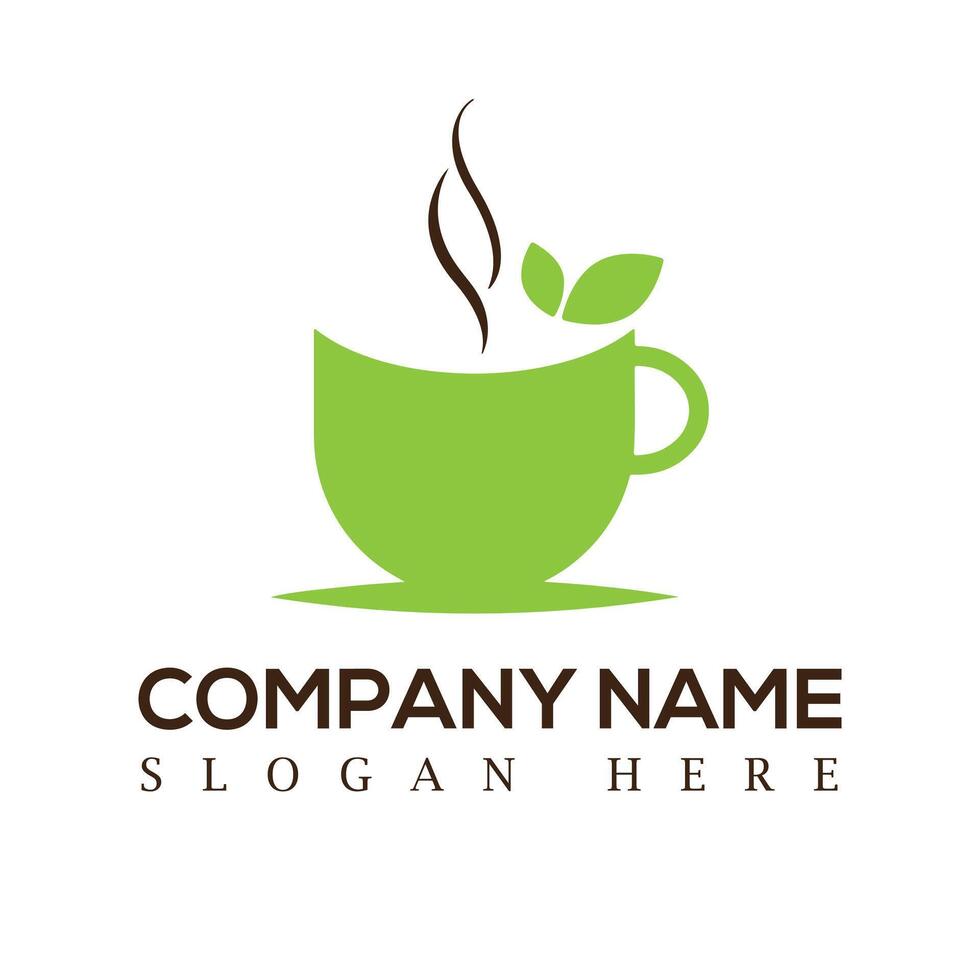 Coffee Logo design, green and brown Coffee and tea cups design with leaf, smoke and cup symbol. vector