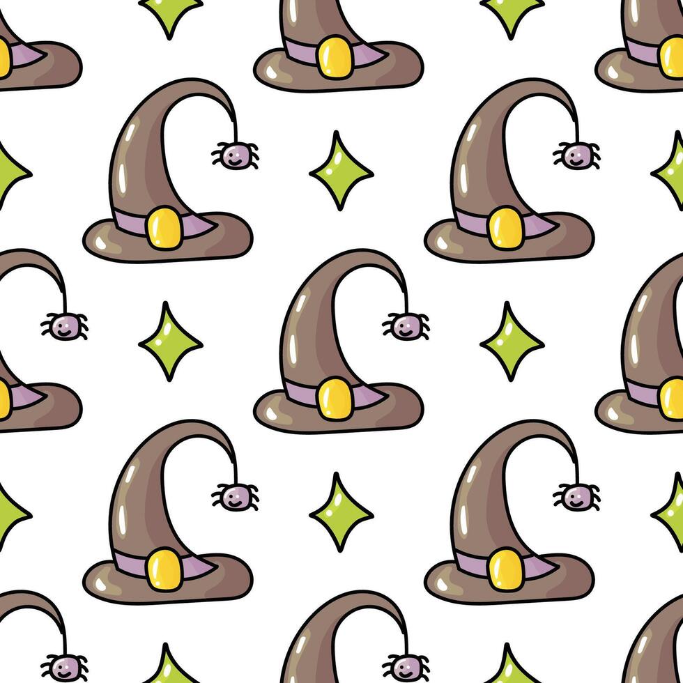 Hand drawn cute seamless pattern with cartoon Witch Hat and spider in doodle design vector