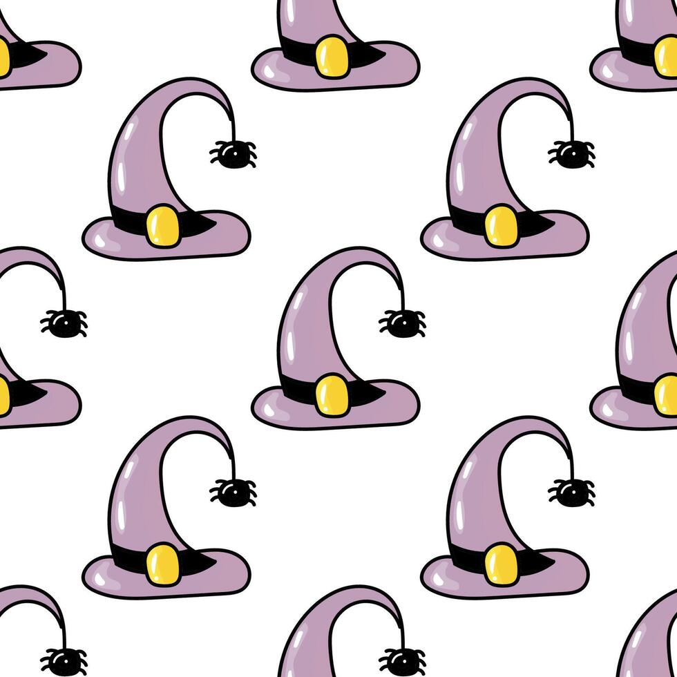 Hand drawn cute seamless pattern with cartoon Witch Hat and spider in doodle design vector