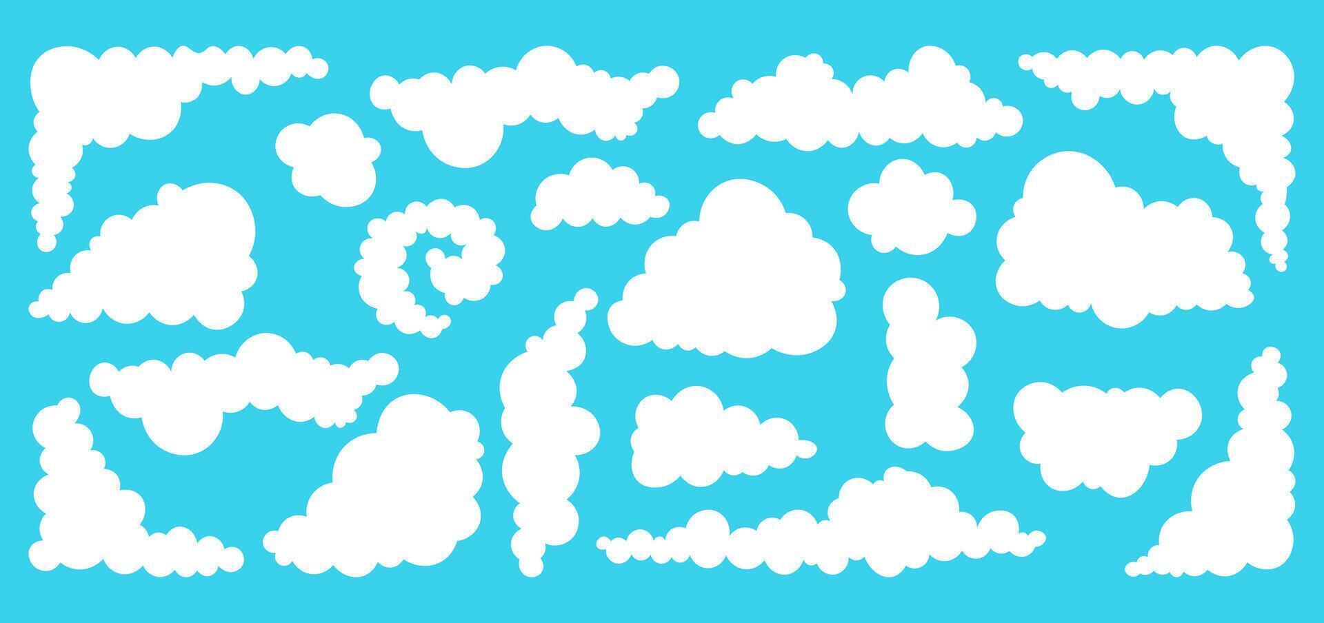 conjunto de blanco nubes en un azul antecedentes. linda dibujos animados elementos colección vector