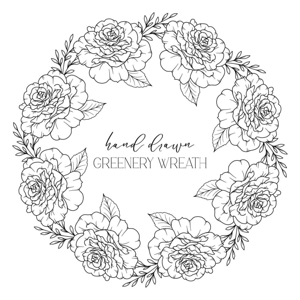 Hand drawn floral frame line art, Floral Wreath Greenery line drawing. Botanical greenery frames with leaves vector