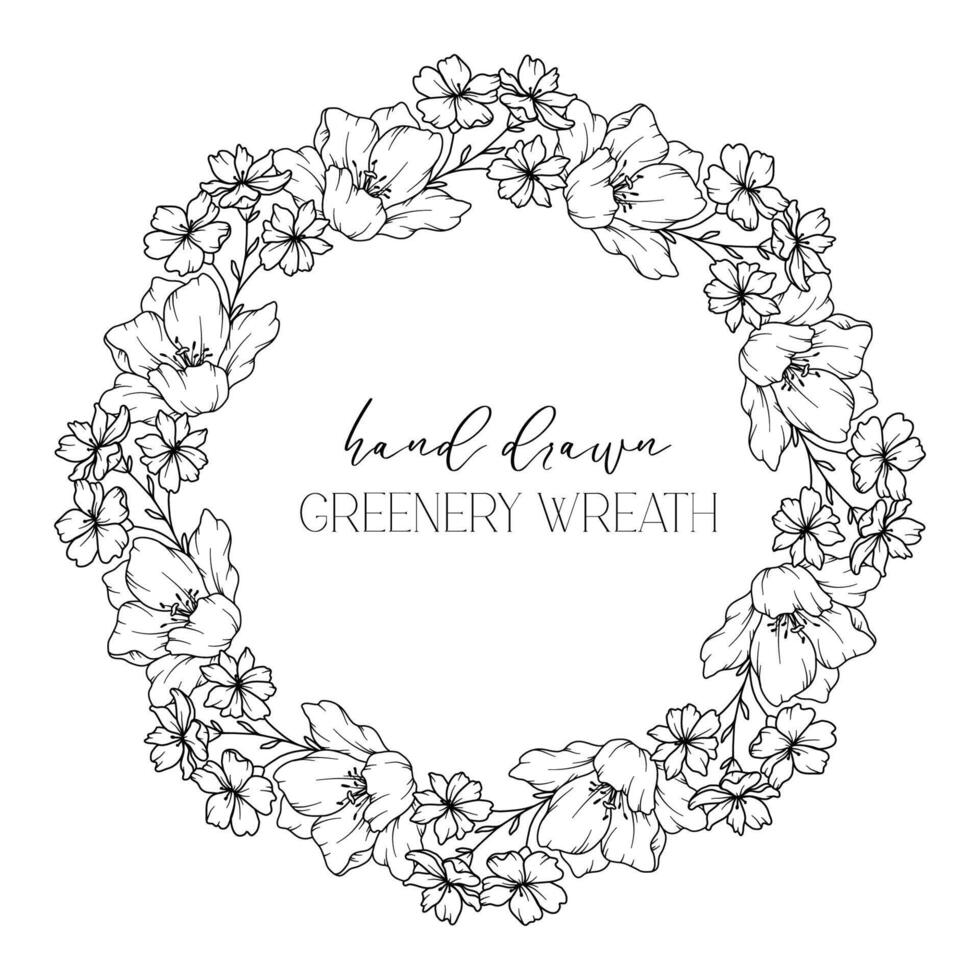 Hand drawn floral frame line art, Floral Wreath Greenery line drawing. Botanical greenery frames with leaves vector