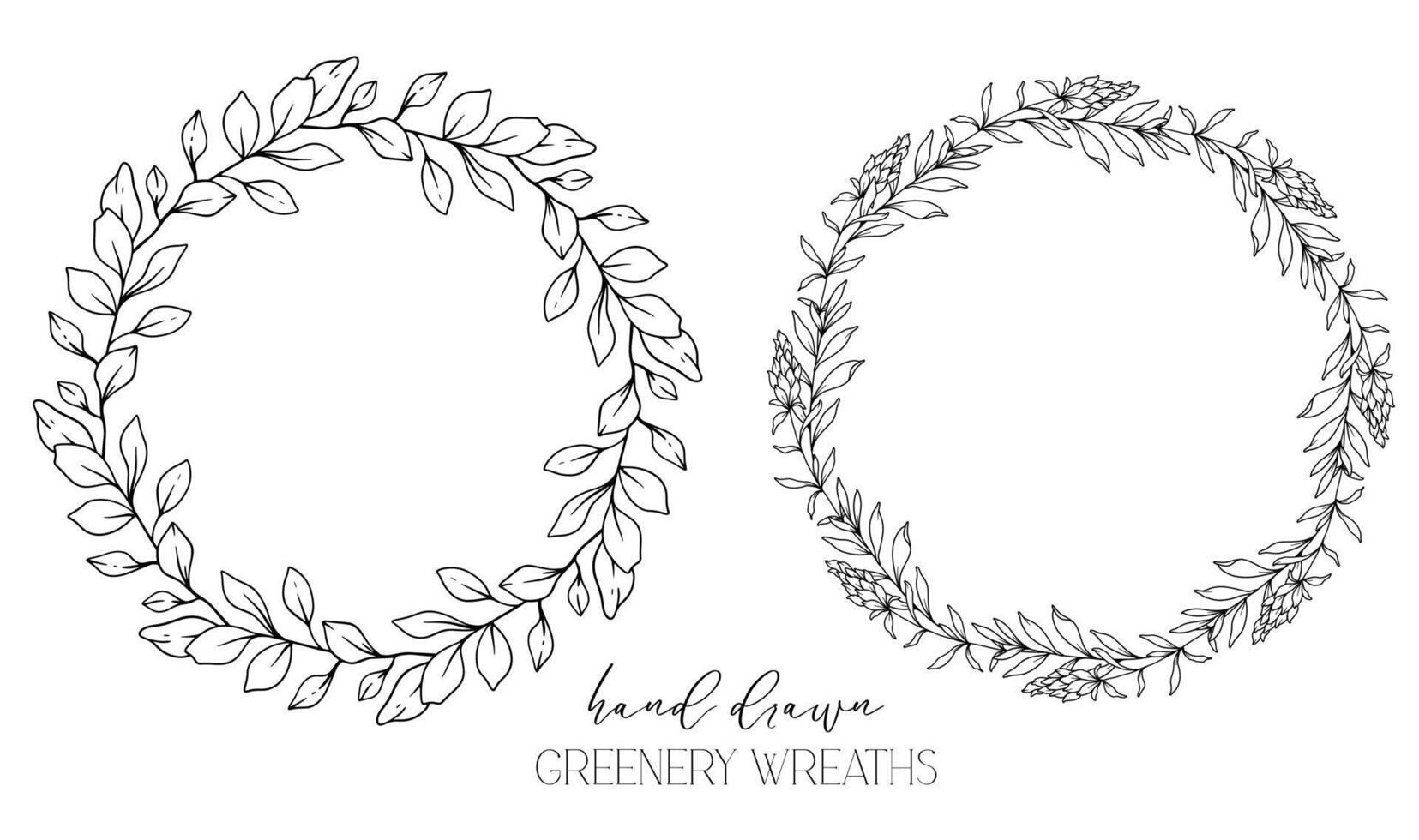 Hand drawn floral frame line art, Floral Wreath Greenery line drawing. Botanical greenery frames with leaves vector