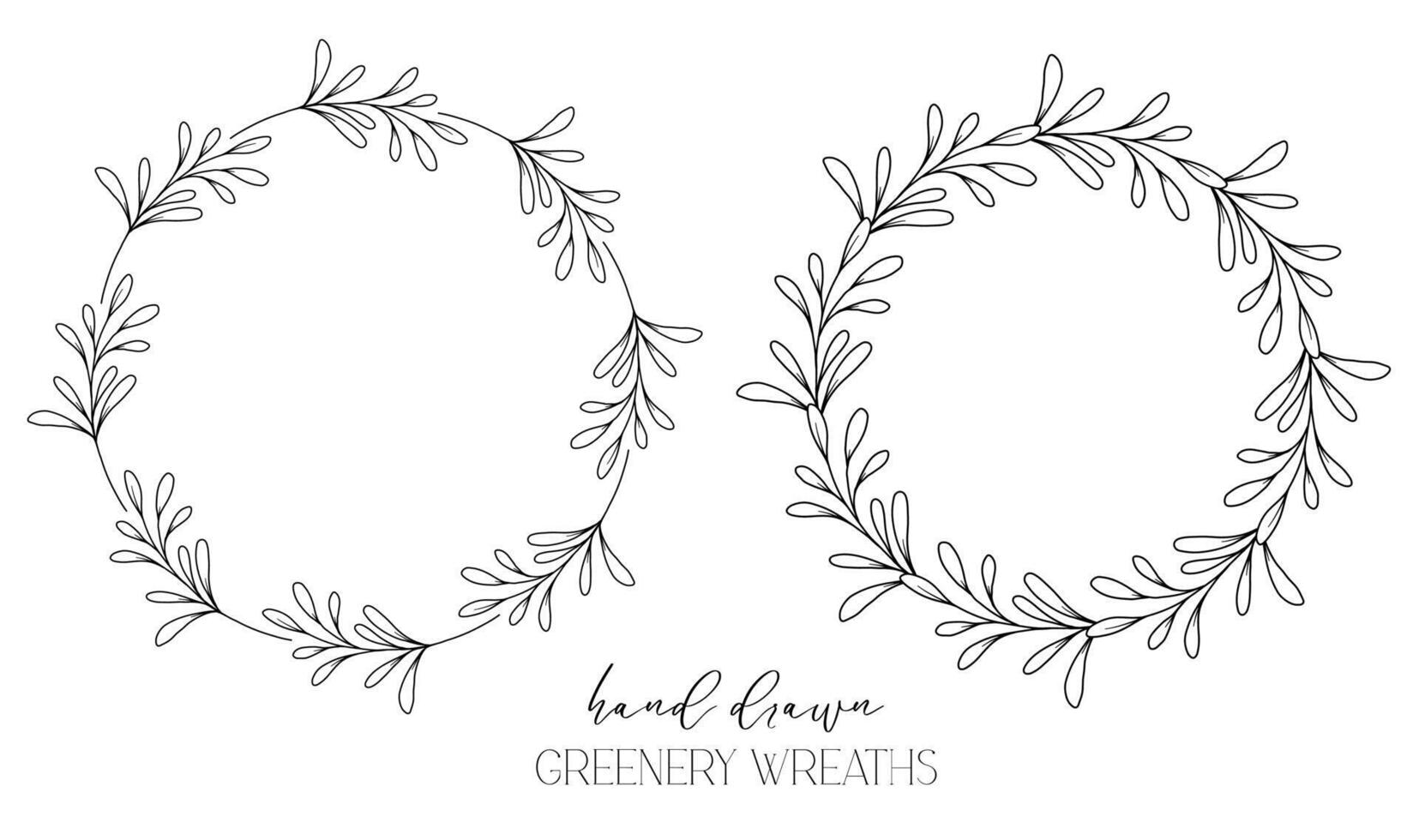 Hand drawn floral frame line art, Floral Wreath Greenery line drawing. Botanical greenery frames with leaves vector