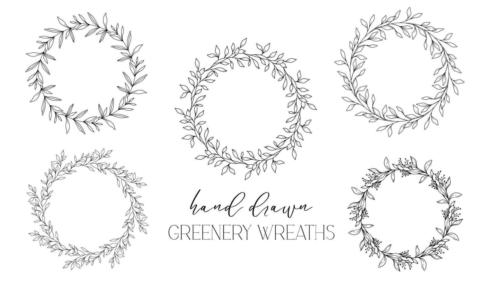 Hand drawn floral frame line art, Floral Wreath Greenery line drawing. Botanical greenery frames with leaves vector