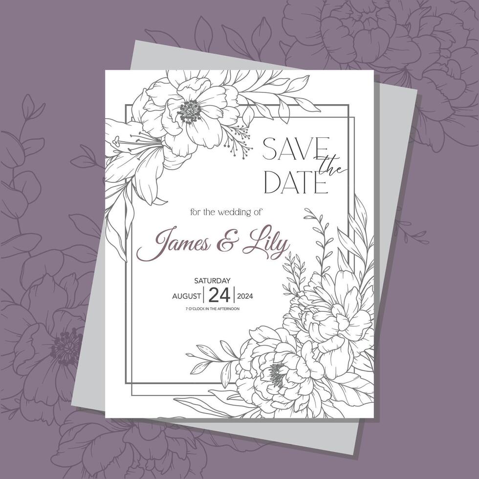 Line Art Peony Flower  Wedding Invitation template,  Outline Peony Minimalist Wedding Stationery vector