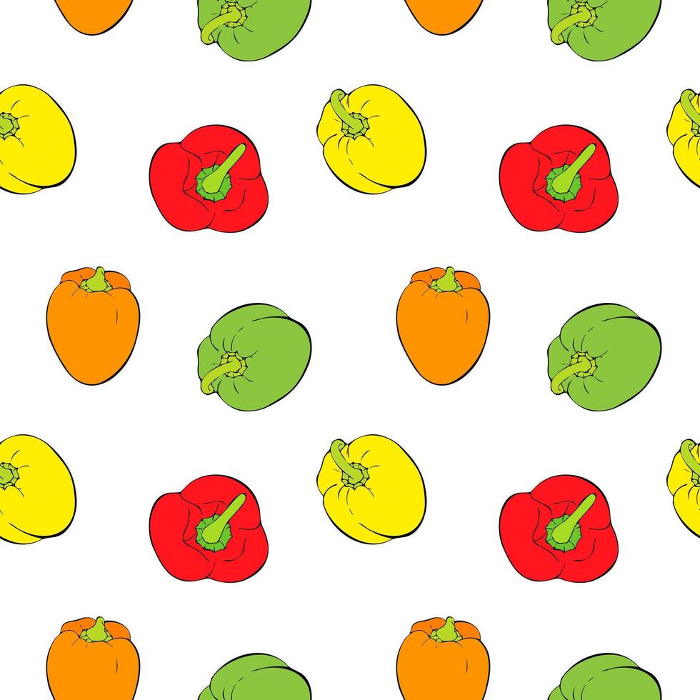 Peppers pattern on white background with red orange yellow green sweet bell peppers, hand drawn outline sketches. vector