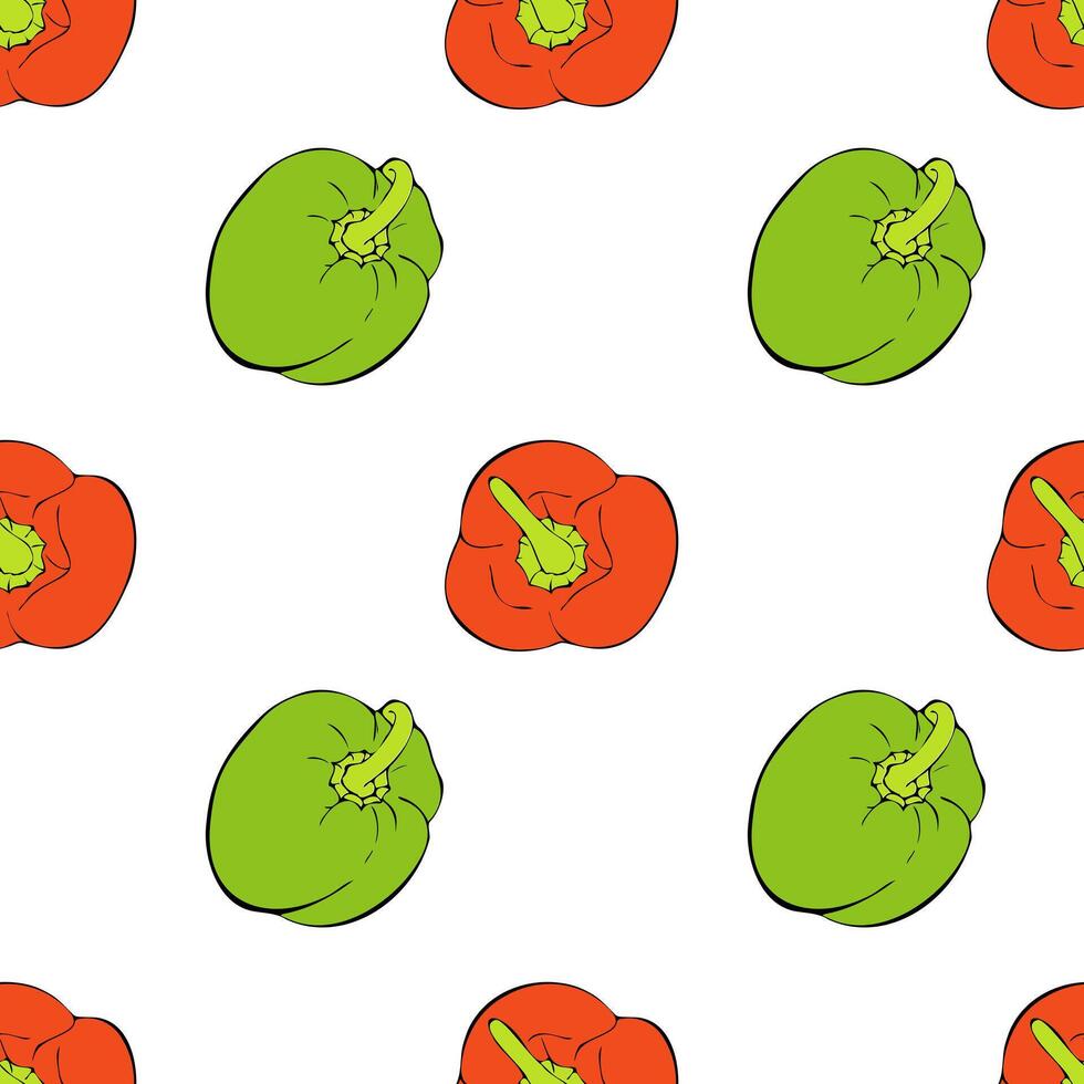 Peppers pattern on white background with red and green sweet bell peppers, hand drawn outline sketches. vector