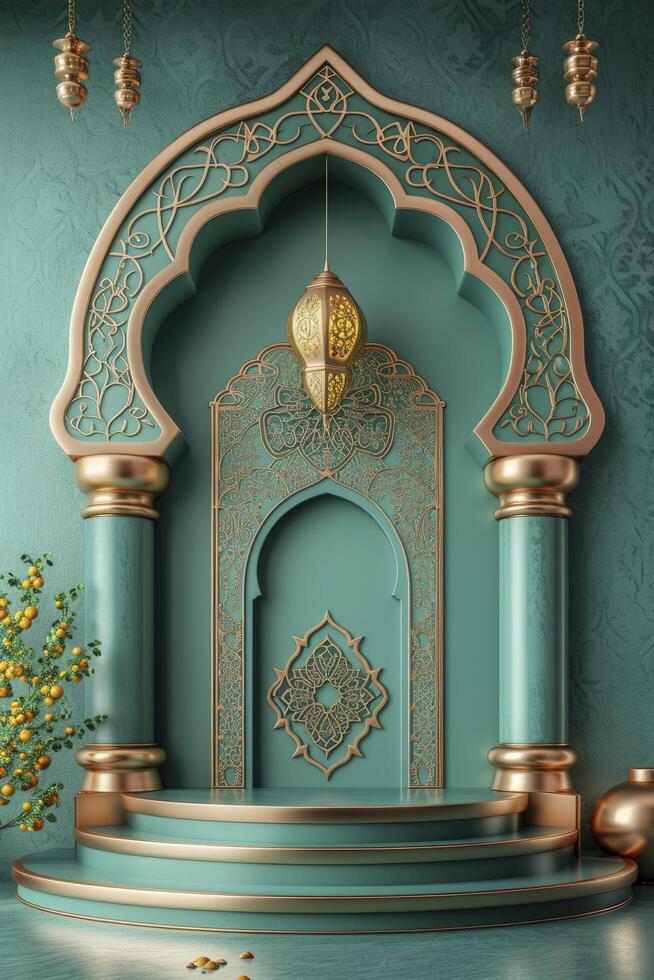 AI generated A 3D Islamic podium resembling a decorated mimbar, featuring a color palette of green, gold, bronze, and pastel tones. photo