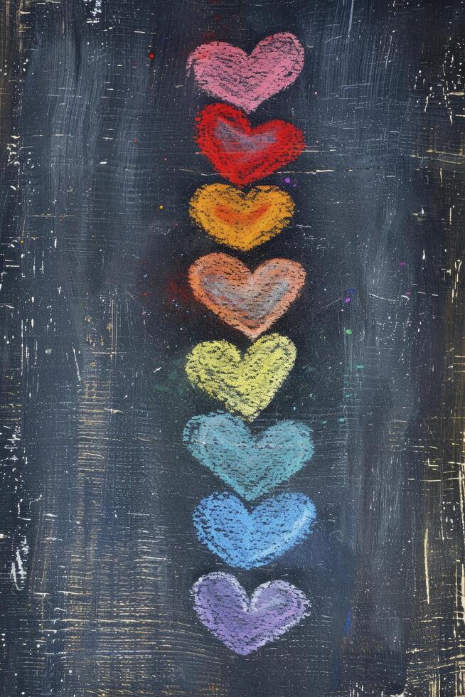AI generated Hand-drawn colorful hearts arranged in a line on an old vintage blackboard, with space for additional text or images. photo