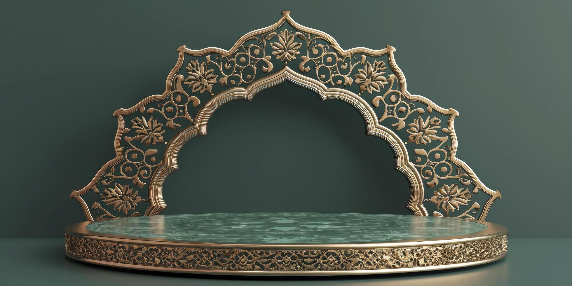 AI generated A 3D Islamic podium resembling a decorated mimbar, featuring a color palette of green, gold, bronze, and pastel tones. photo