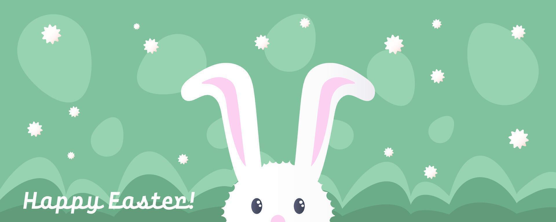 Happy Easter banner with flat graphic elements and symbols of the Holiday, decorated eggs and bunny, plants drawings. Vector illustration with text greeting.