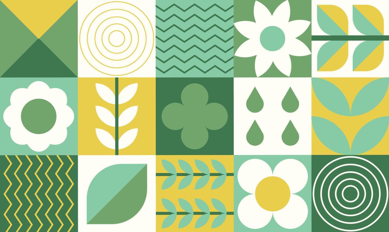 Geometric flat composition of plants, natural abstract decorative art, web banner and poster with ornamental tile pattern. Vector illustration.
