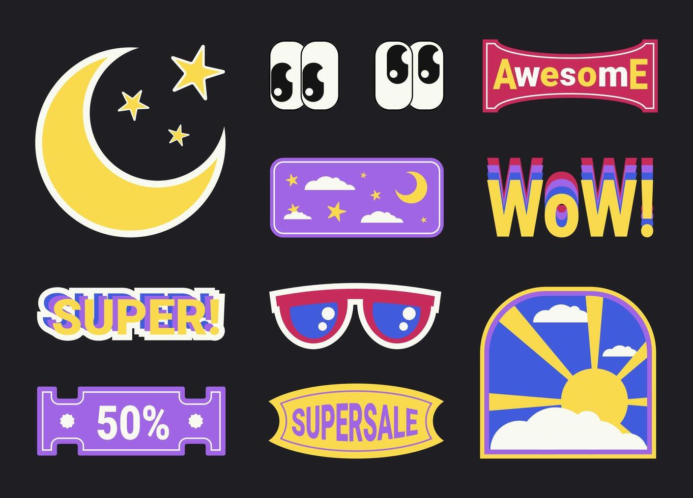 Y2K sticker set, old fashioned labels and badges in retro graphic style, design elements and decorations. Vector illustration.