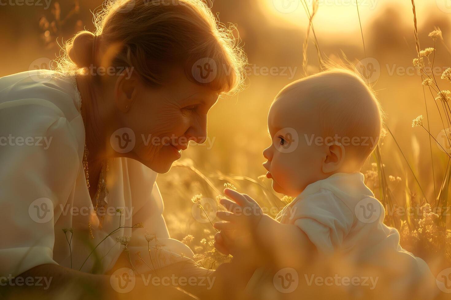 AI generated Grandmother and her grandchild at sunset photo