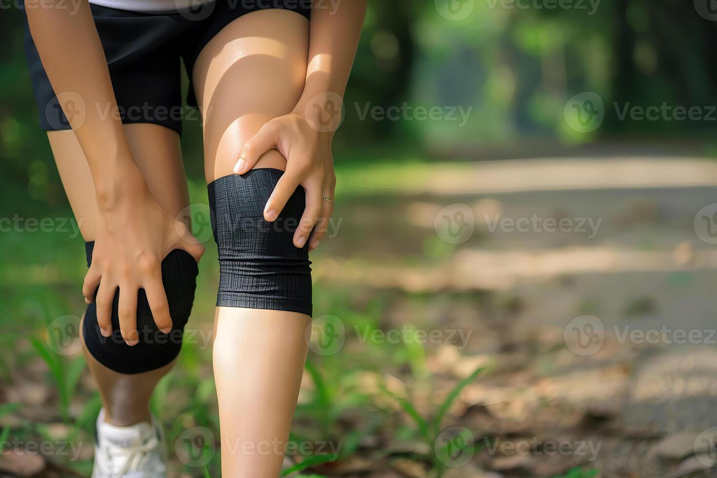 AI generated Knee joint pain in Sportswoman in the park photo