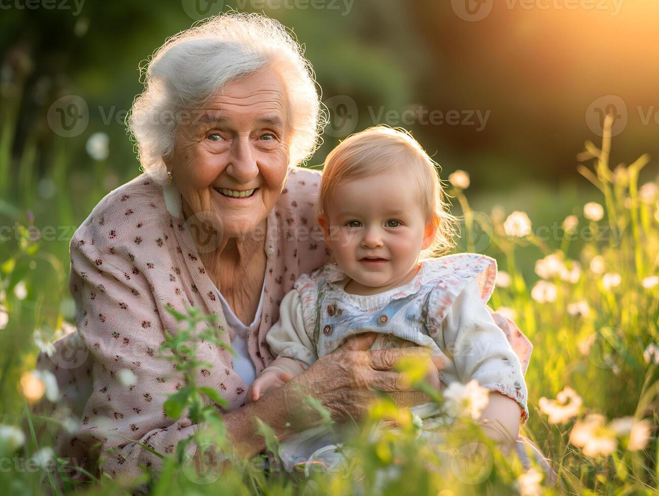 ai generado abuela y su nieto a puesta de sol foto