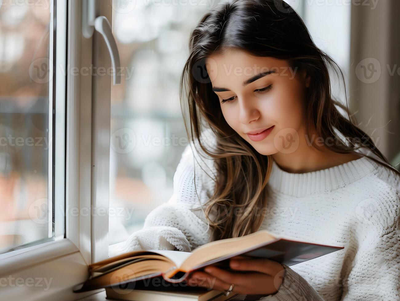 AI generated Beautiful Caucasian girl reading book indoors photo