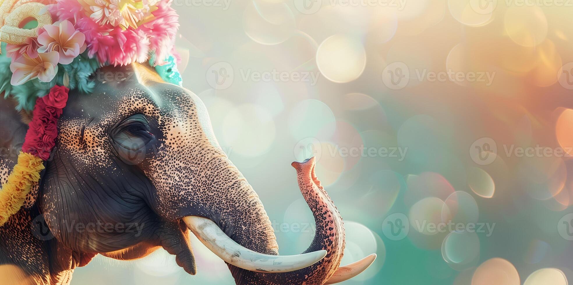 AI generated Decorated elephant with garland in Songkran festival at Thailand photo