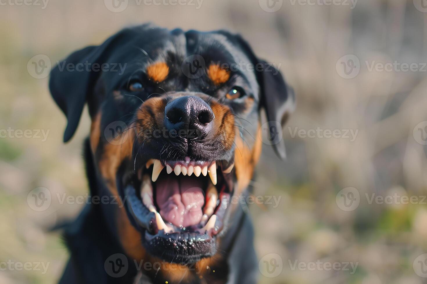 AI generated Head shot of aggressive dog barking. Rabies virus infection concept. photo