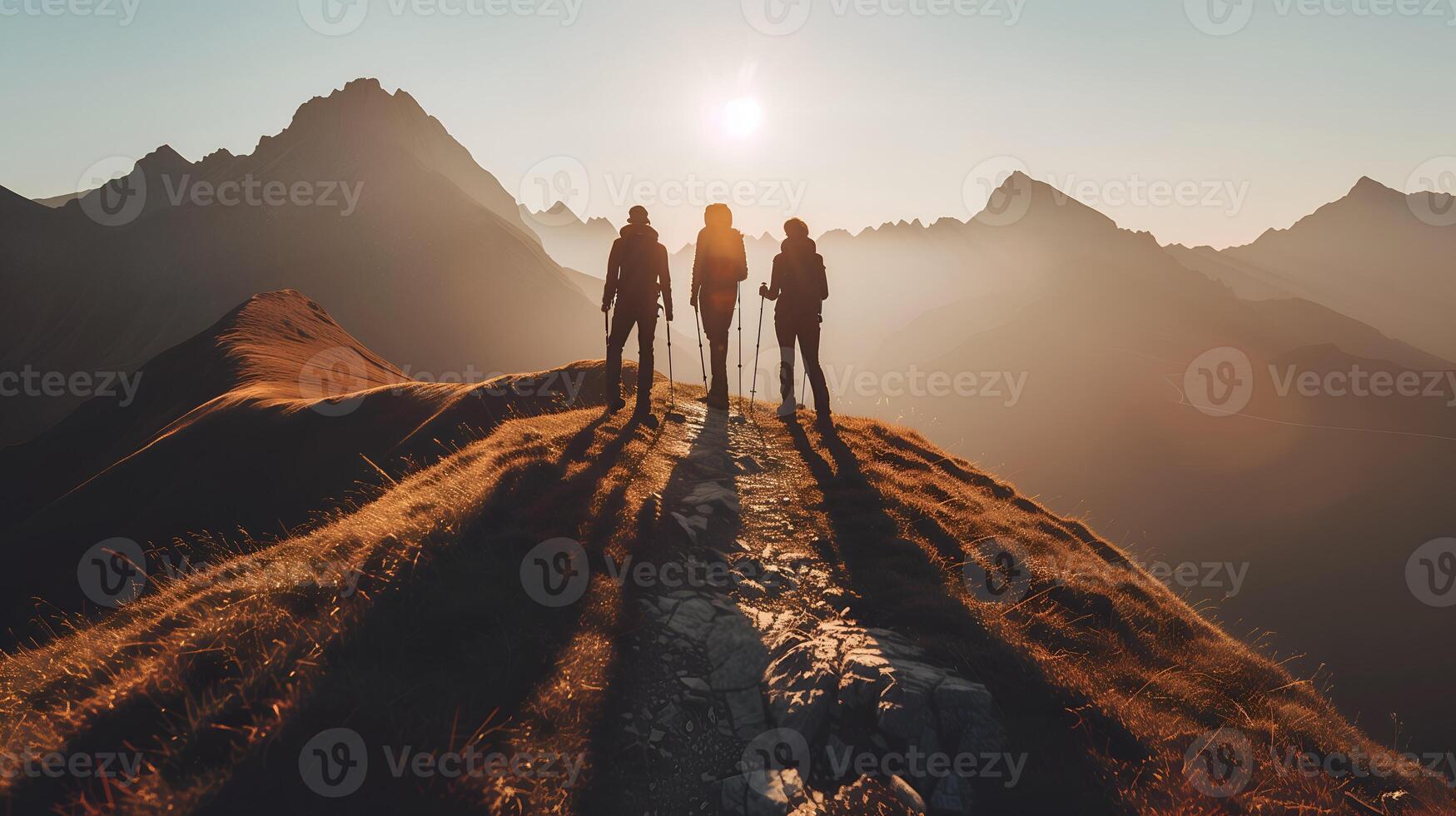 AI generated Group of sporty people hiking in mountain photo