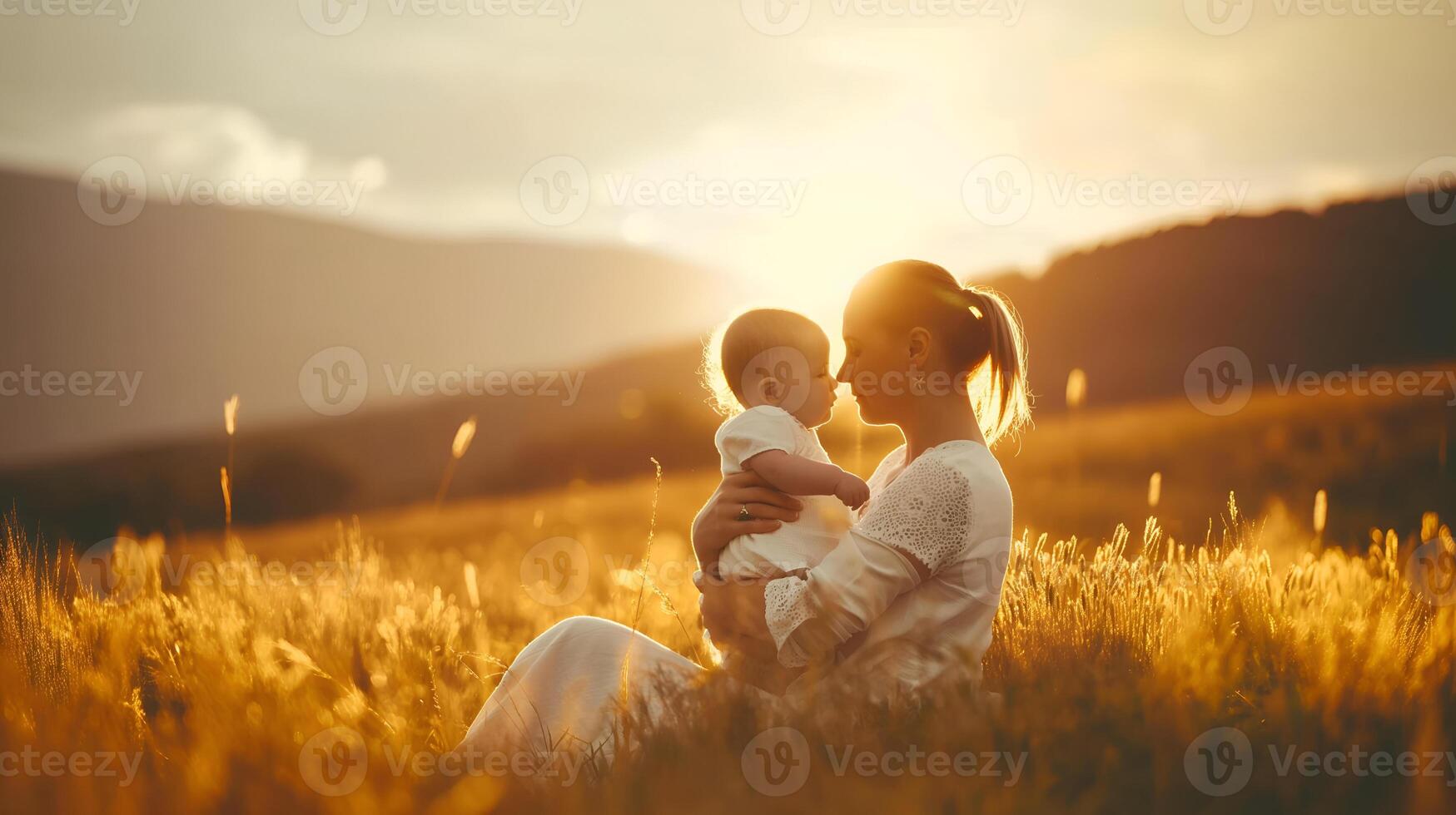 ai generado caucásico madre y su bebé a campo foto