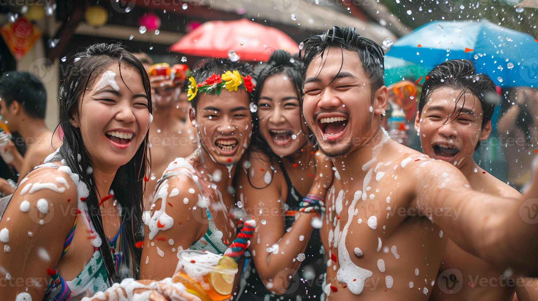 ai generado contento amigos grupo en Songkran festival a Tailandia foto