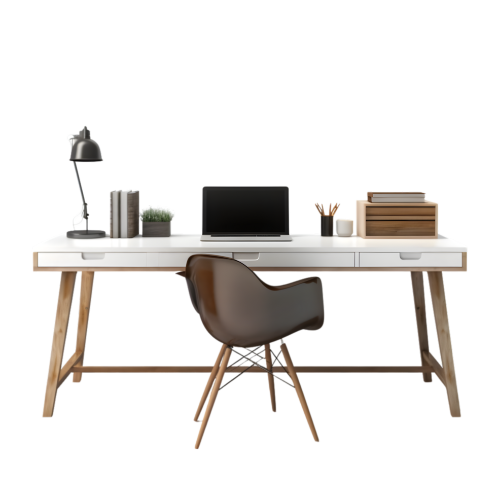 AI generated workplace with computer and chair isolated on png background