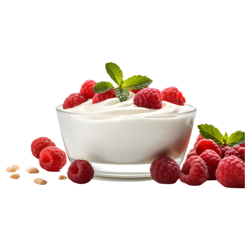 AI generated Creamy yogurt with fresh raspberries and mint leaves on transparent background png