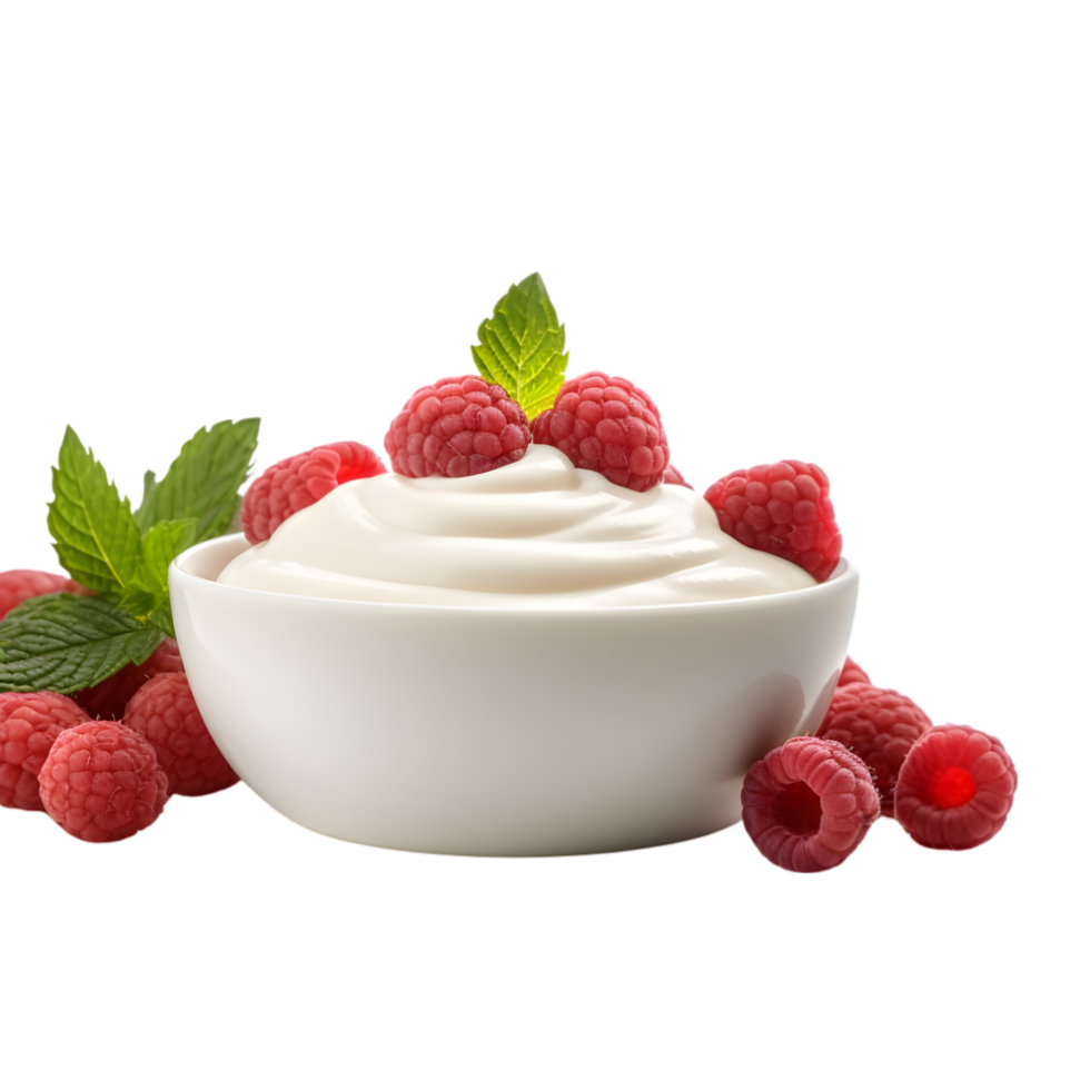 AI generated Creamy yogurt with fresh raspberries and mint leaves on transparent background png