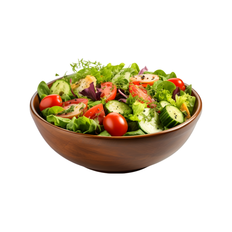 AI generated Fresh vegetable salad in a wooden bowl isolated on transparent background png