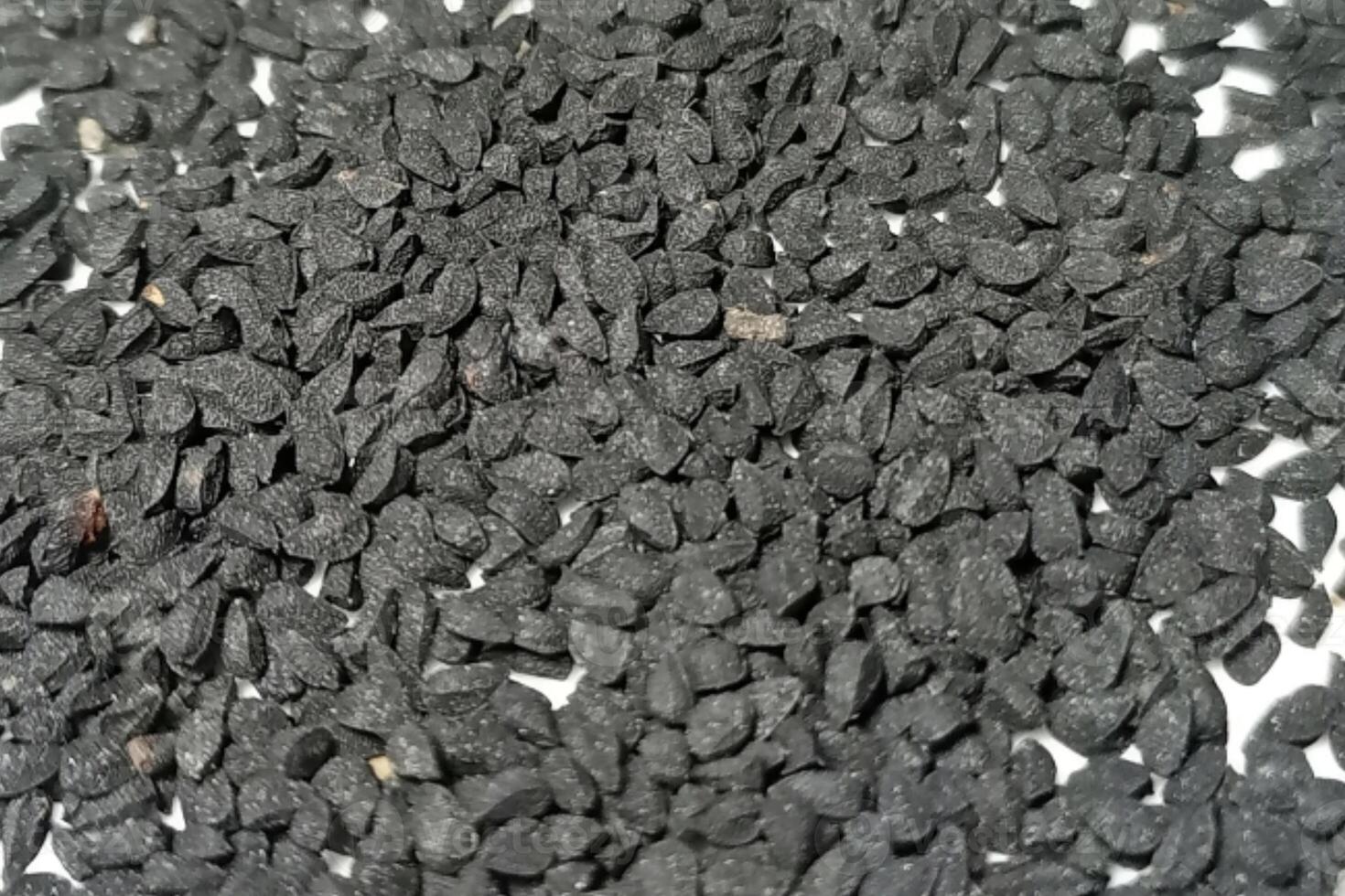 Black cumin seeds pile isolated on white background photo