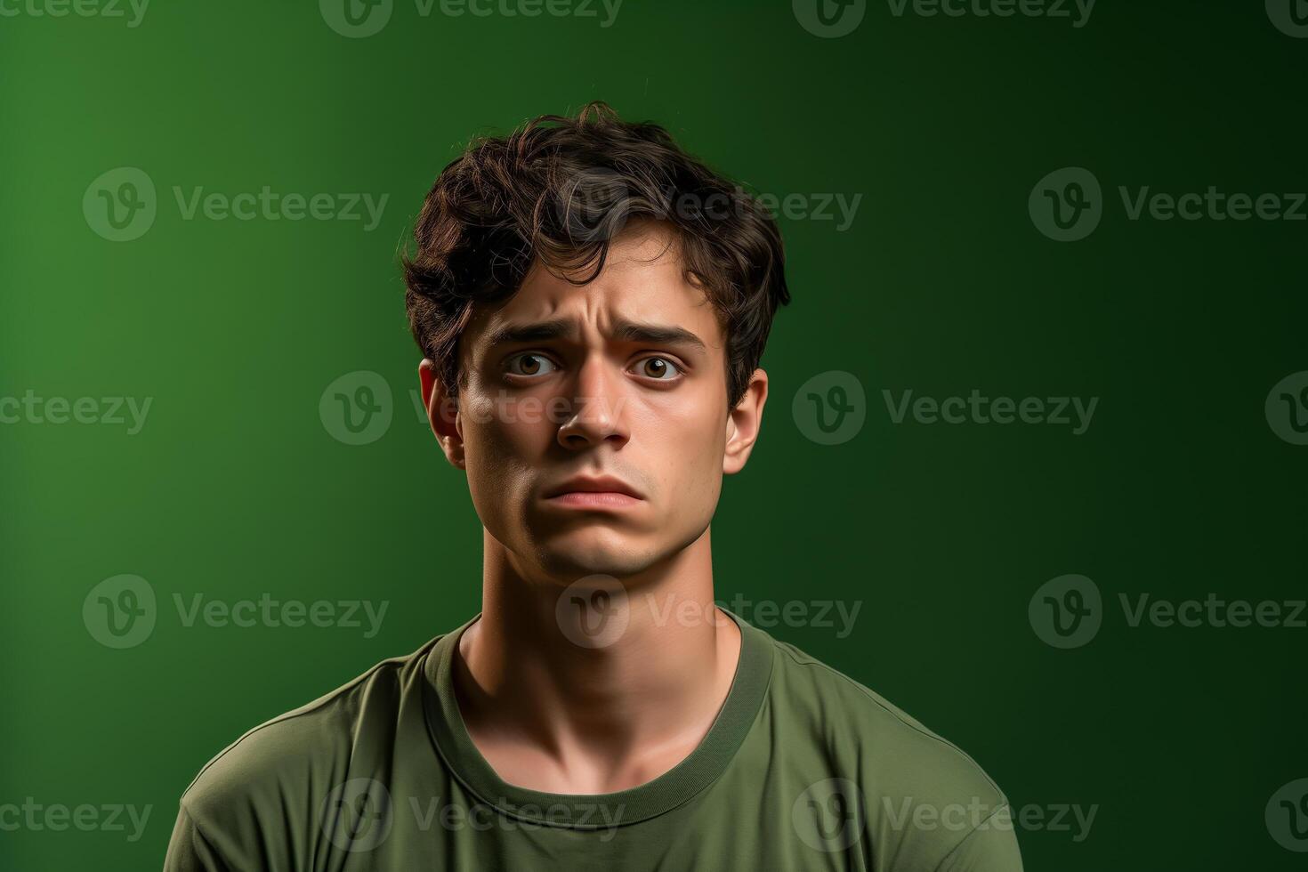 AI generated Worried young man on green background, closeup photo